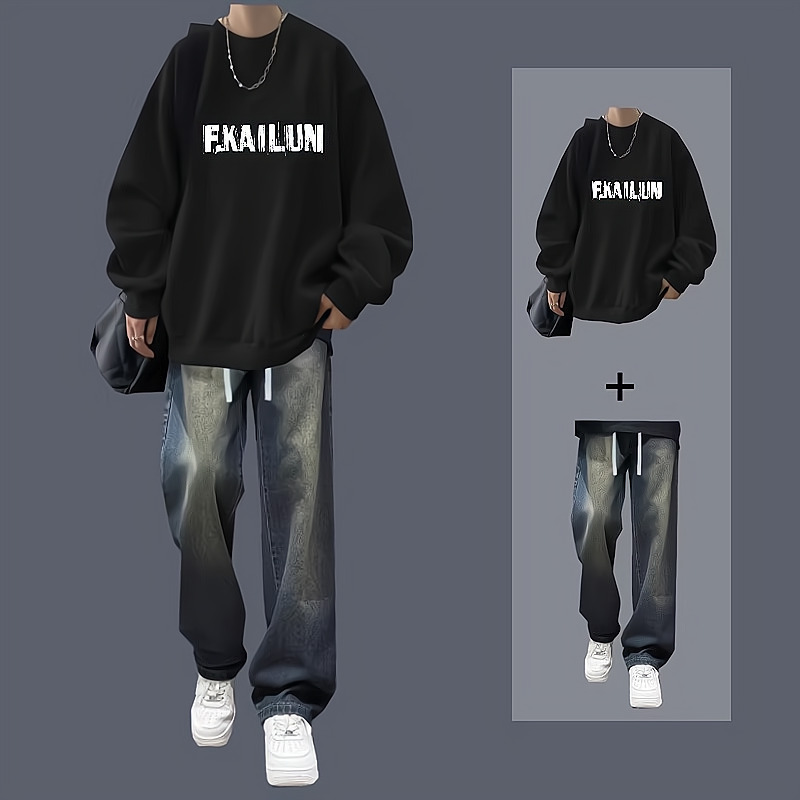 Spring and Autumn Sweatshirt Suit for Boys, Casual Winter Velvet Trendy Clothes, Handsome Men's Clothing, a Complete Set with Jeans Spring and Autumn Sweatshirt Suit for Boys, Casual Winter Velvet Trendy Clothes, Handsome Men's Clothing, a Complete Set with Jeans