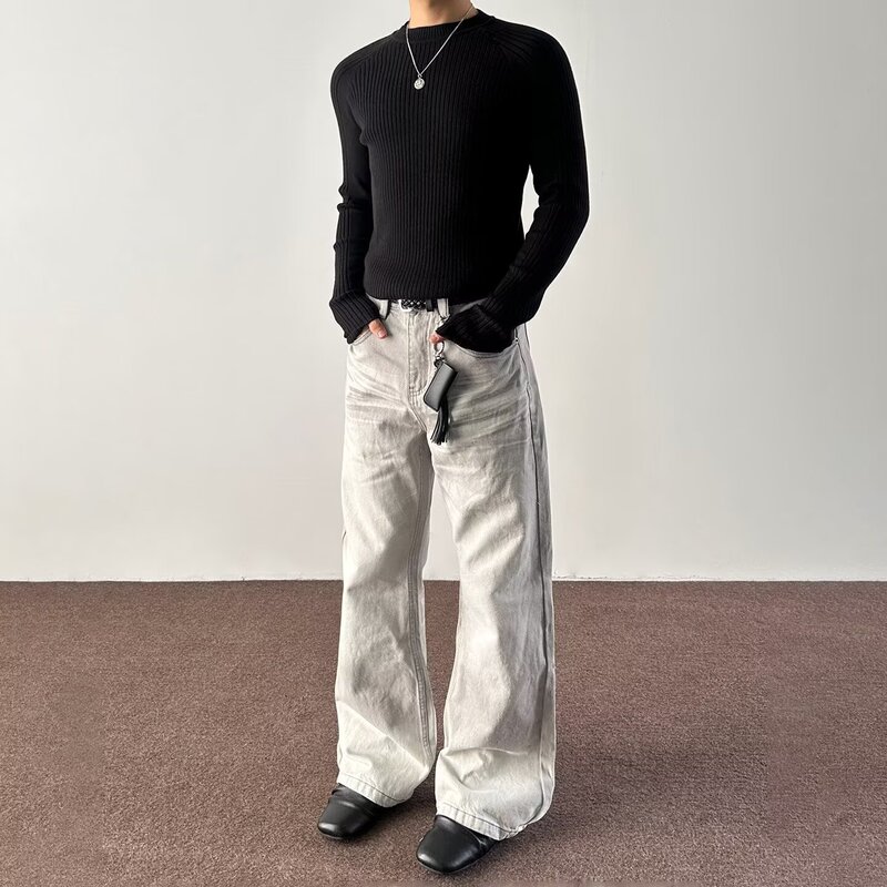 Spring and Summer American Retro Distressed Cat Whisker Jeans for Men, Straight-Leg Washed Vintage Flared Long Pants Trendy