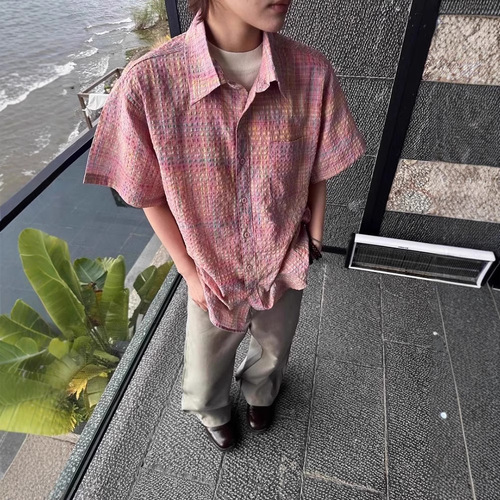 American-style color-glossed check short-sleeve shirt for men and women, trendy pink plaid casual fashion brand versatile summer loose casual half-sleeve shirt