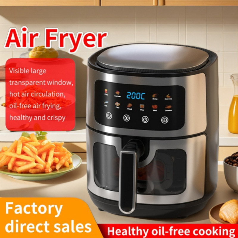 Air Fryer for Home Use, Stainless Steel, Large Capacity, Electric Fryer with Touch Screen, Visual Display, Multifunctional, Cross-Border