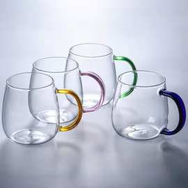 厂家批发透明玻璃杯彩把家用客厅喝水杯子牛奶咖啡杯大容量泡茶杯