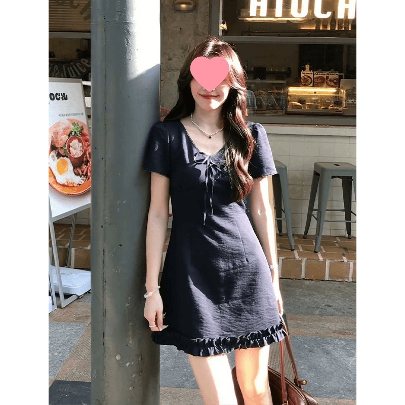 2025 新しい夏のスタイルフレンチスタイルレース半袖 V ネックドレス女性のウエスト痩身多用途スカート|undefined