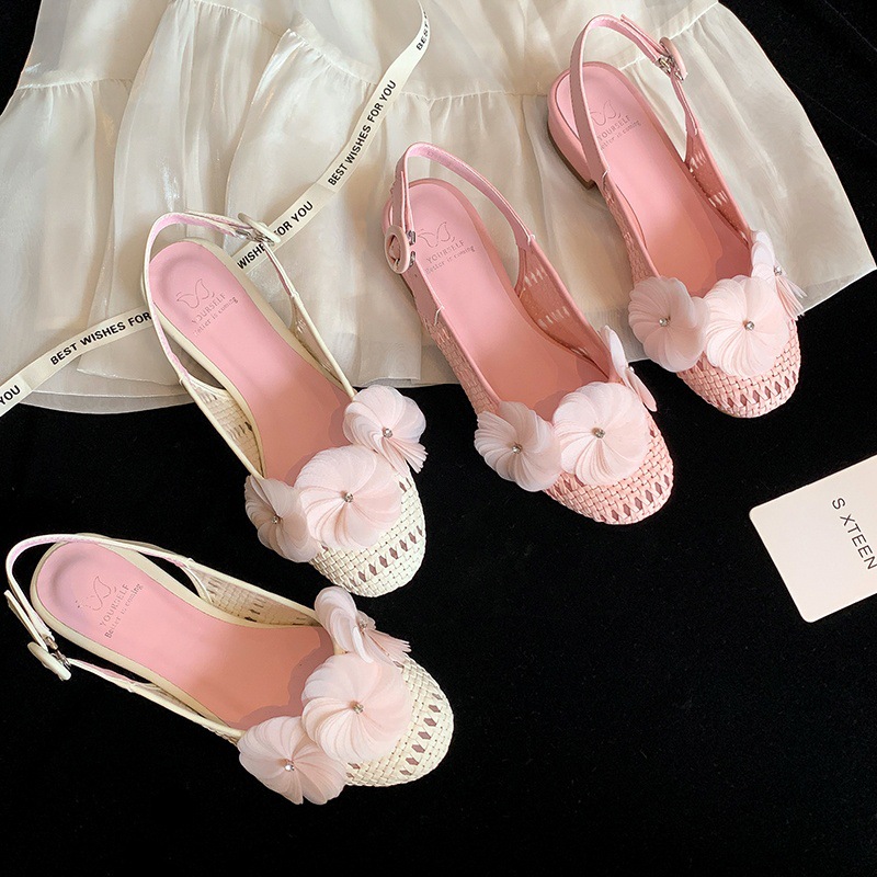 Dép sandal nữ mũi tròn hở gót, quai dệt hoa rỗng thoáng khí, phong cách đơn giản đa năng — bột hoa anh đào, Màu trắng nhạt chi tiết 15