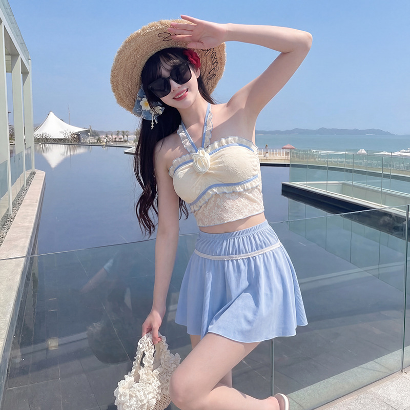 Super Fairy-Like, High-Appearance Value, New Style, Instagram-Worthy, Pure and Desirable Style, Sweet Two-Piece Skirt-Style Bikini Swimsuit Three-Piece Set, Conservative for Summer