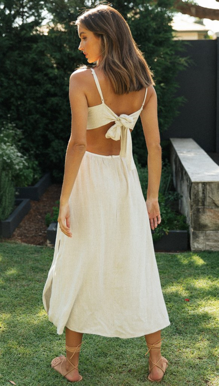 Spring and Summer Women Backless Lace-up Irregular Slit Dress in Dresses