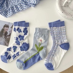Summer Japanese-style small floral socks sweet artistic mid-calf socks cute fresh socks soft girl's ankle-length casual socks for women
