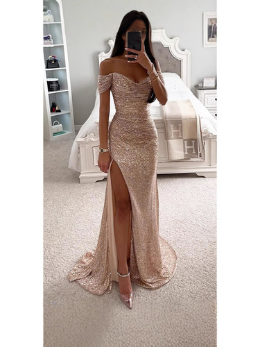 Cross-border best-selling foreign trade women's clothing independent station polyester sexy fine sparkly slits ballroom dress sequin dress new product