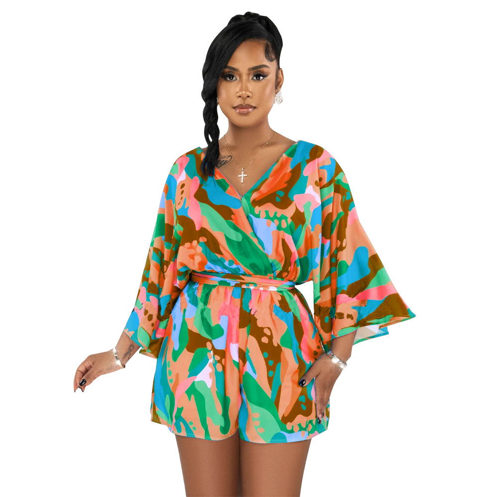 K10517 Amazon europeo y americano transfronterizo moda ropa de mujer 2023 nuevo cuello en V sexy backless impreso pantalones cortos mono