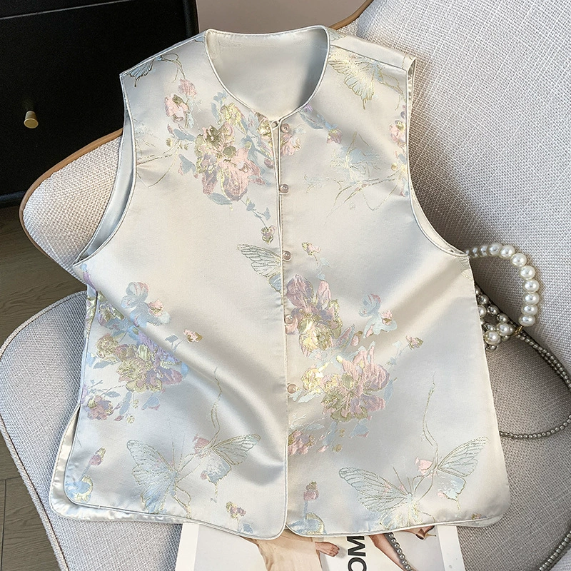 Безрукавка весенняя с круглым воротником, пиджак, китайский стиль, с вышивкой