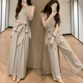 小个子无袖上衣高腰阔腿裤两件套女春新款超好看穿搭一整休闲套装
