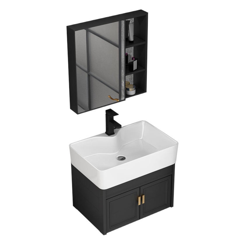 Pequeño apartamento baño gabinete negro lavabo combinación espejo gabinete lavabo baño inodoro mini