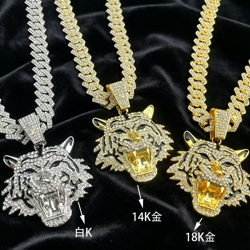 European and American hip-hop full-diamond tiger head pendant Cuban chain necklace for men, personalized trendy jewelry, 18K gold white K alloy