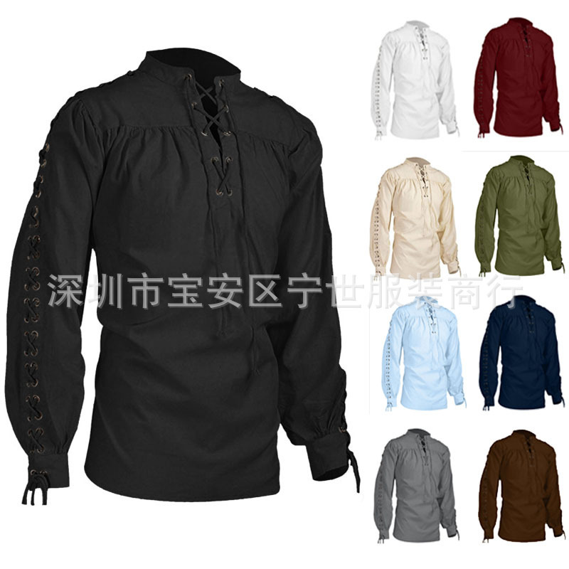 Fashion Men Bandage Long Sleeve Medieval Renaissance Shirt Gothic Men's Warrior Shirt Performance Clothes Men