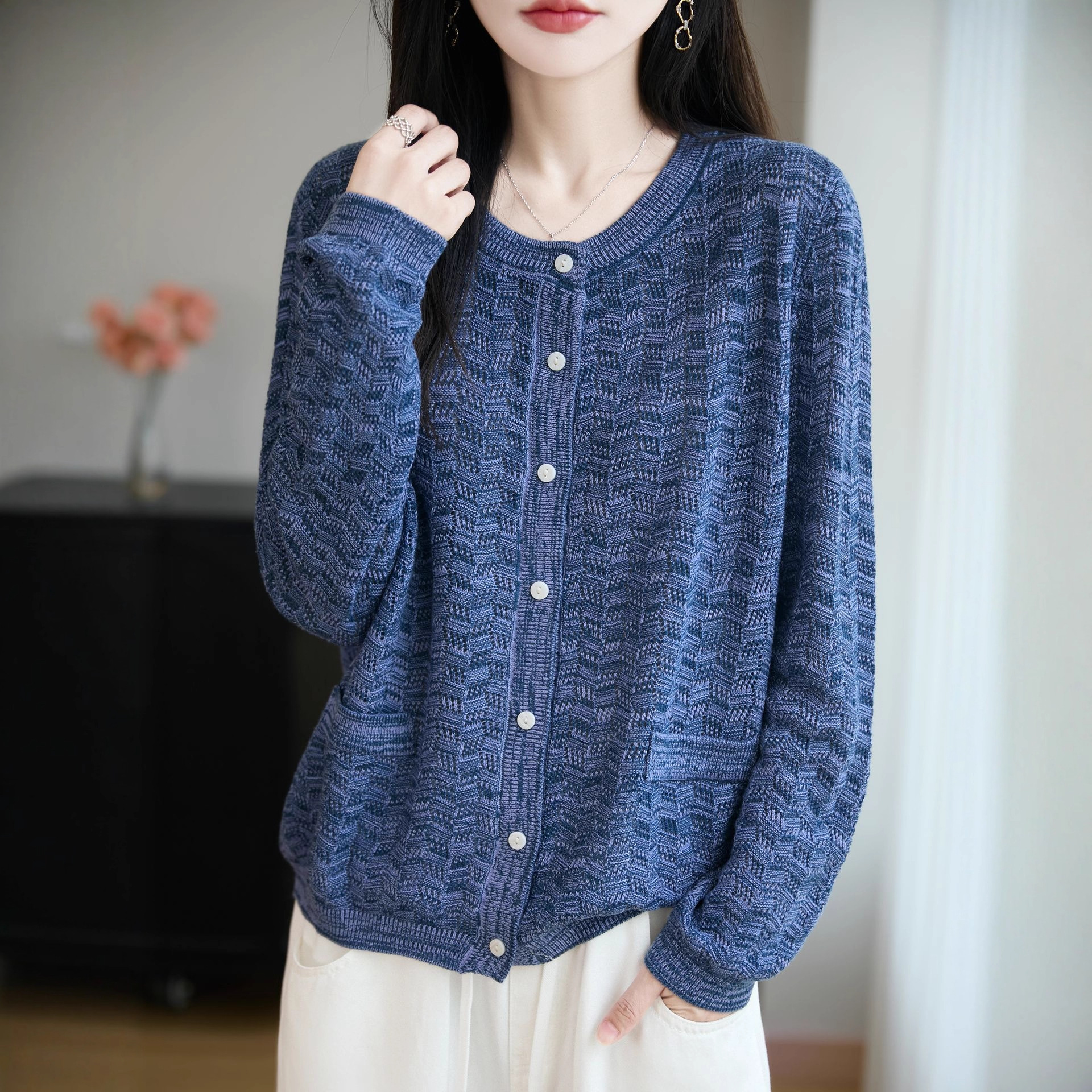 Autumn and Winter New 6-Needle Wool Floral Yarn Chanel-Style Cardigan for Women, Tweed Knit Jacket, Socialite Style Thick Yarn Sweater