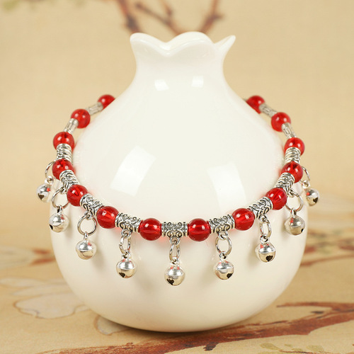 New red rope woven nine-bell crystal anklet that rings for women, high-end temperament, retro ethnic style hidden silver anklet