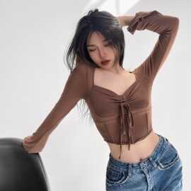 纯欲风甜辣上衣2023春季新款欧美女装系带束腰长袖T恤上衣女