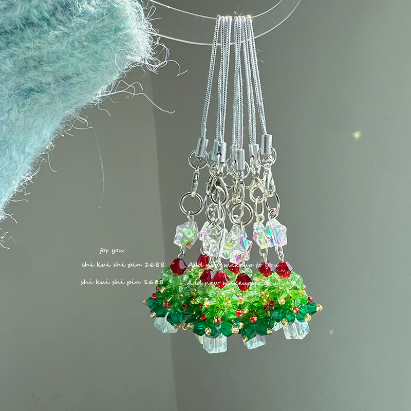 Christmas Tree Phone Strap Pendant Crystal Beads Christmas Holiday Atmosphere Handmade Keychain Bag Charm Accessory Small