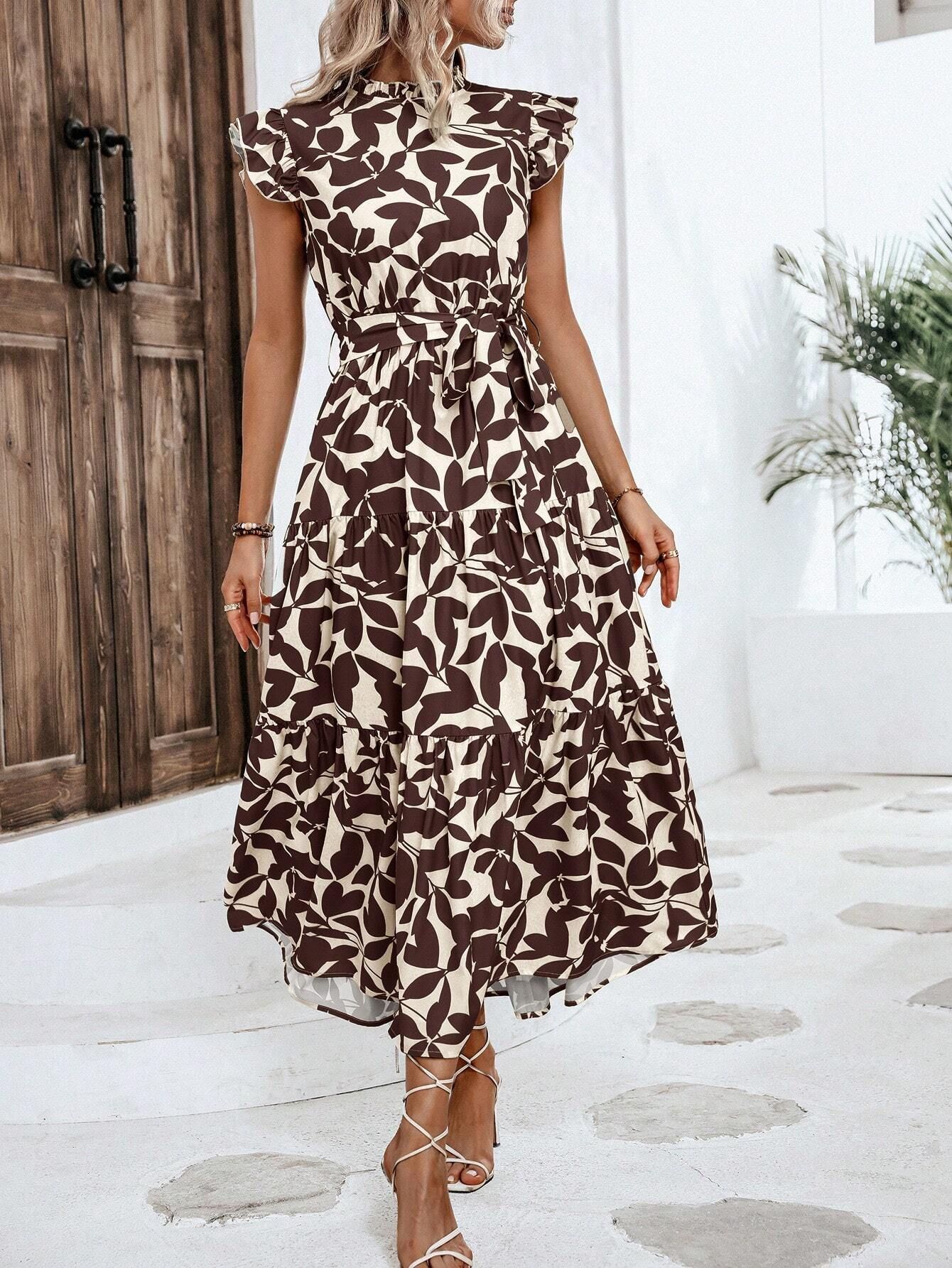 350g Weight Midi Dress Dress Length Type Sleeveless Sleeve Length Swing Dress Dresses Type Flounce Sleeve Sleeve Type Polyester Fabric Type High Waist Waist Line Holiday, Daily Occasion Standing Collar Neckline Slim Fit Type Leaf Pattern Summer Season Women's Gender Printing Design Elegant, Streetwear Style Wholesale Women's Elegant Streetwear Printing Leaf Holiday Daily Standing Collar Sleeveless Swing Dress 11