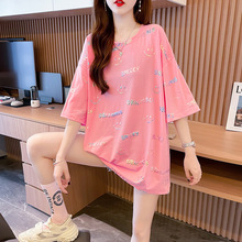 跨境货源2024夏季新款烫金短袖t恤女韩版圆领上衣中长款时尚女装