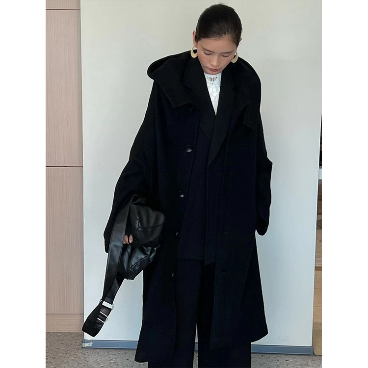 (2개) 여성을위한 캐시미어 어깨 모양의 일본 야마모토 시리즈 캐시미어 롱 코트 가을 및 겨울 24 세로 칼라와 후드가있는 블랙 자켓