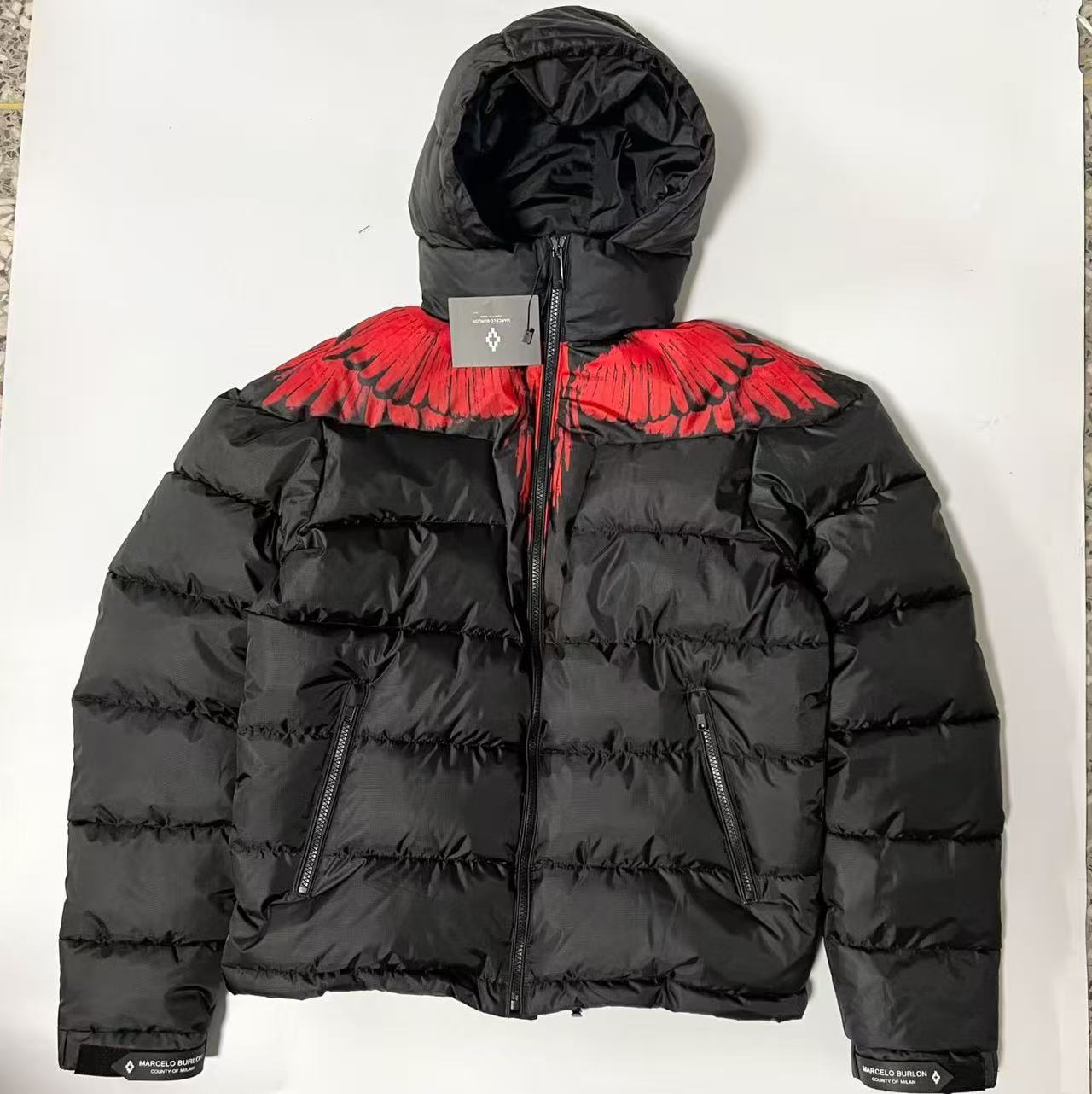 Marcelo Burlon Wings Puffer Jacket Hooded Black Red