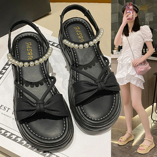 Thick-Soled Sandals for Women 2025 Summer New Fashion Bow Pearl Strap Platform Sole Simple Beach Soft-Soled Women's Shoes