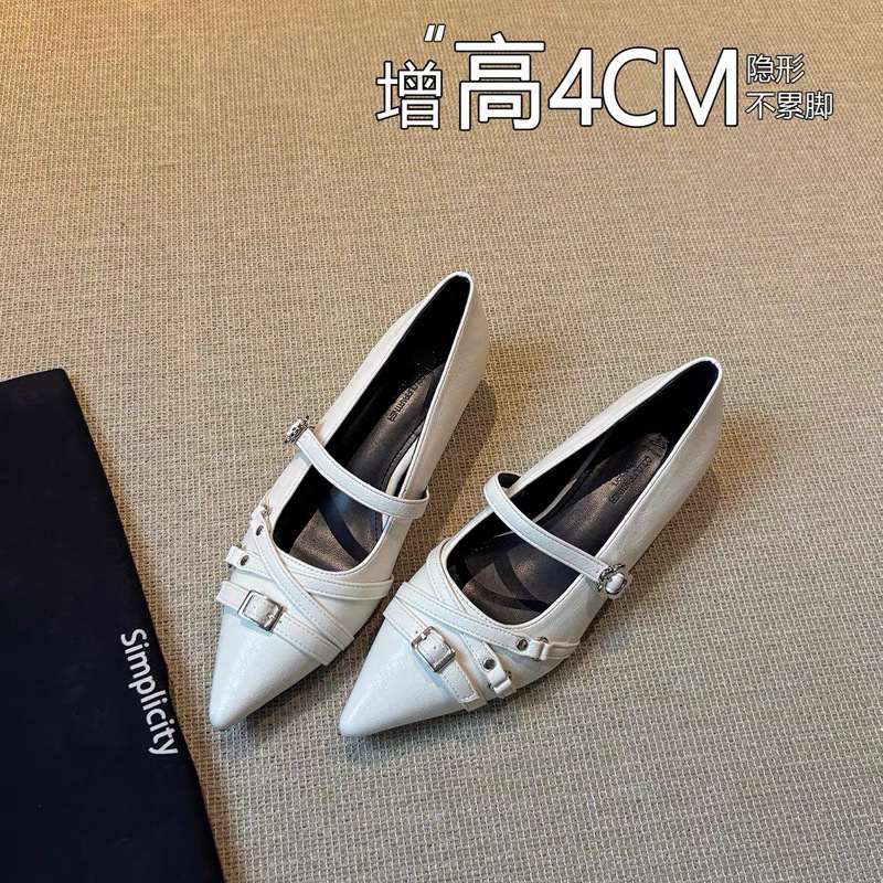 Sheepskin French-style height-increasing Mary Jane shoes for women, 2026 new model, pointed toe, one-strap buckle, shallow cut, elegant commuter shoes Sheepskin French-style height-increasing Mary Jane shoes for women, 2026 new model, pointed toe, one-strap buckle, shallow cut, elegant commuter shoes