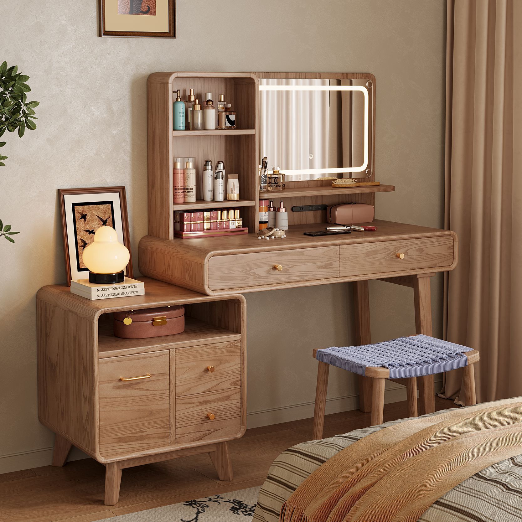 Solid Wood Dresser and Cupboard Integrated Bedroom Simple Modern Storage Cabinet Bedside Retractable Dressing Table Log Style Wooden Table