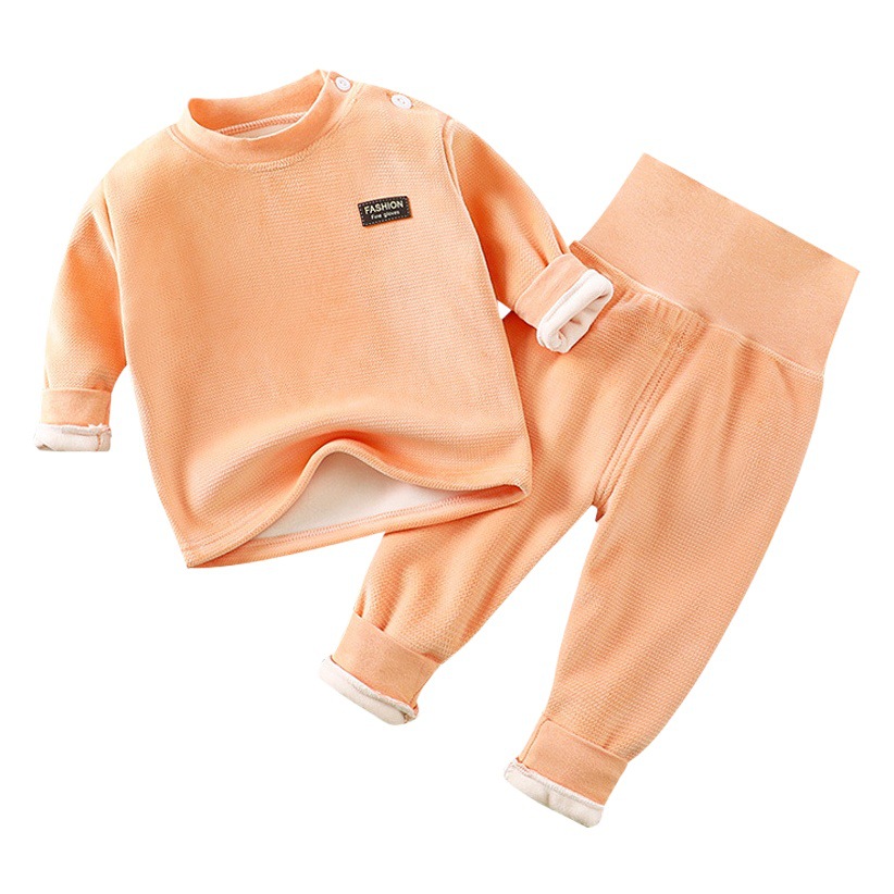 Infant and Kids Thermal Intimates Set Autumn and Winter Kidsren's Baby Fleece-Lined Thickeneded High Waist Belly Protection Baby Autumn Clothes and Long Trousers Kidsren's Clothing