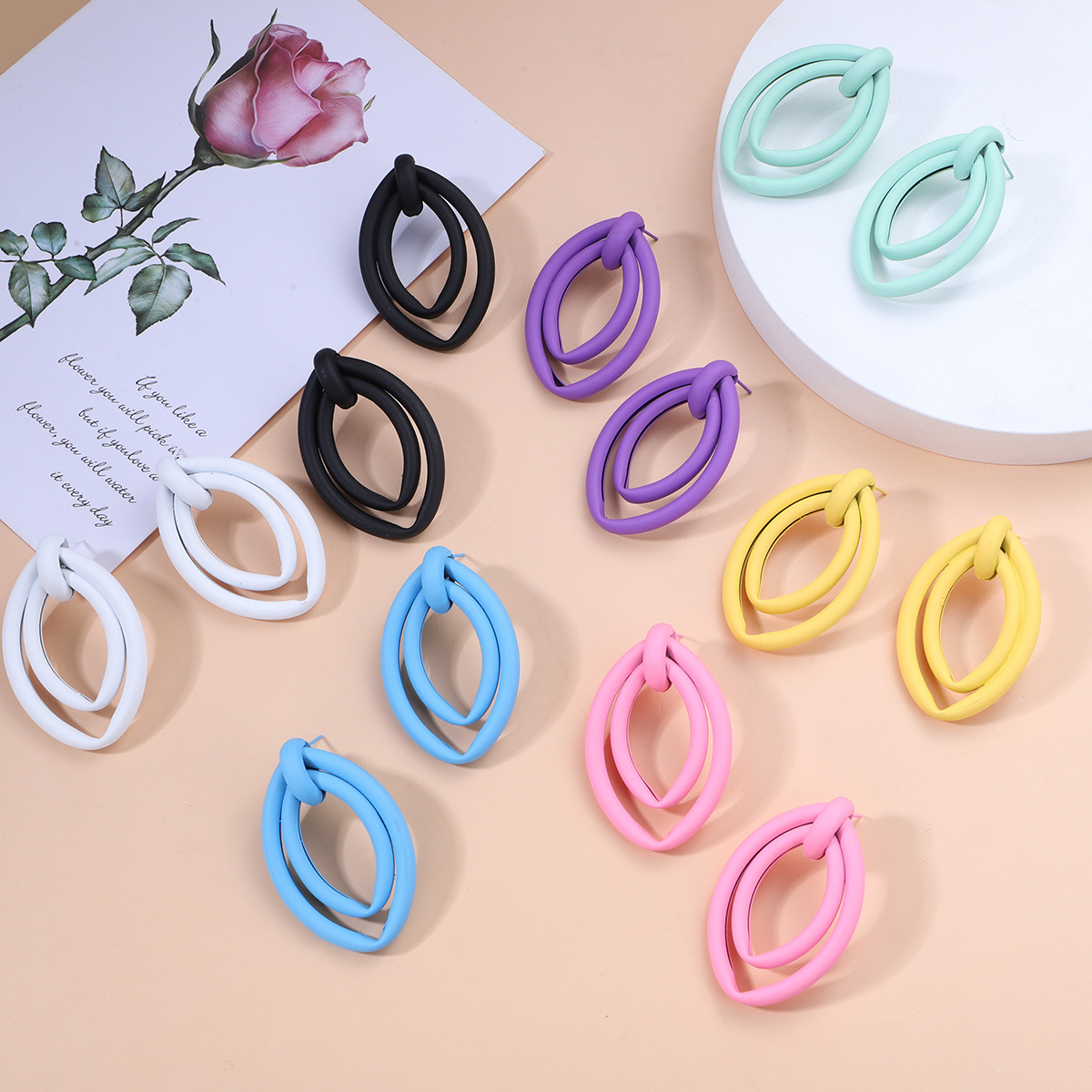 new frosted texture candy color multi-layer geometric stitching alloy earrings