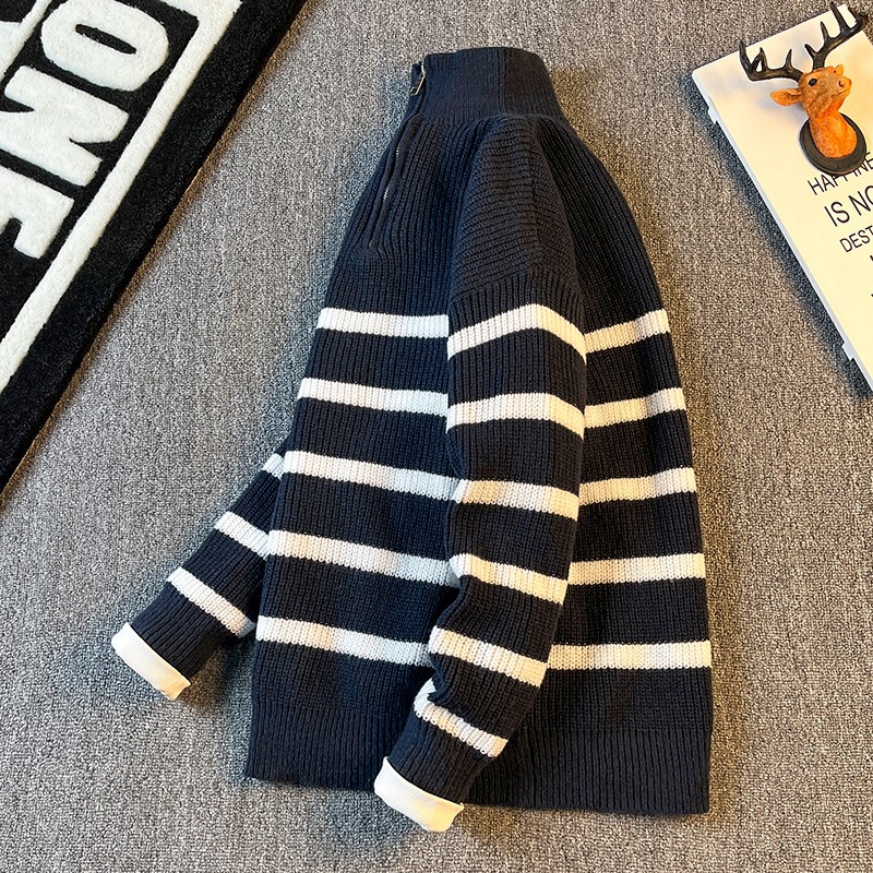 2024 Autumn and Winter New Sweater Men's Loose plus size Casual Striped Outer Wear Mock Turtleneck Sweater Trendy Coat