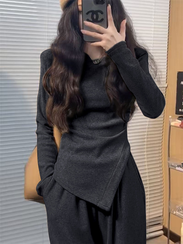 欧美跨境亚马逊不规则纯色修身上衣女春秋高腰阔腿长裤休闲两件套|undefined