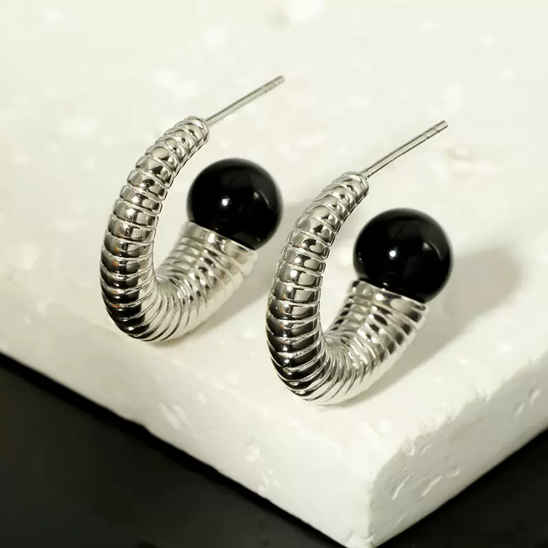 欧伊尼925纯银耳钉螺旋C形珍珠耳饰重工个性冷淡风复古度假风配饰