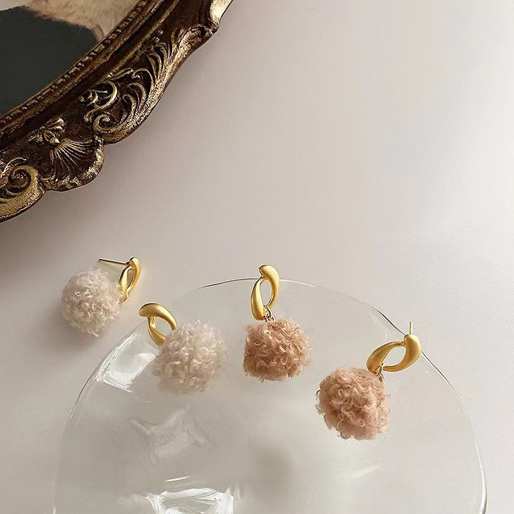 Korean fashion lamb wool plush ball earrings new niche geometric all match silver needle earrings trend_voghion.com