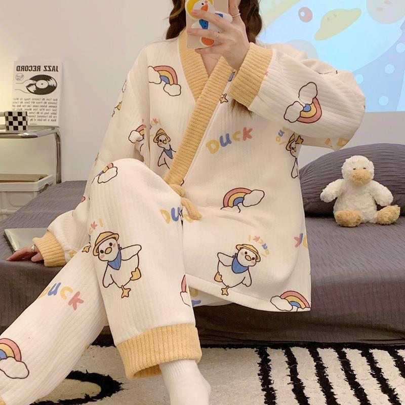 2024 플러스 뚱뚱 200캐티 임산부 3피스 인터레이어 파자마 겨울 에어 코튼 산후 모유수유 산후복