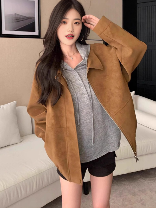 美拉德复古宽松翻领休闲百搭显瘦皮绒夹克女秋季休闲机车外套上衣|undefined
