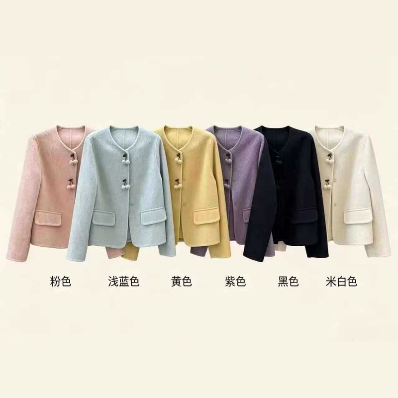 2026 Autumn/Winter New Collection: Korean-style, round-neck, double-faced wool coat, short length, with a touch of Chanel-inspired elegance, featuring a cherry-patterned wool blend, for women 2026 Autumn/Winter New Collection: Korean-style, round-neck, double-faced wool coat, short length, with a touch of Chanel-inspired elegance, featuring a cherry-patterned wool blend, for women