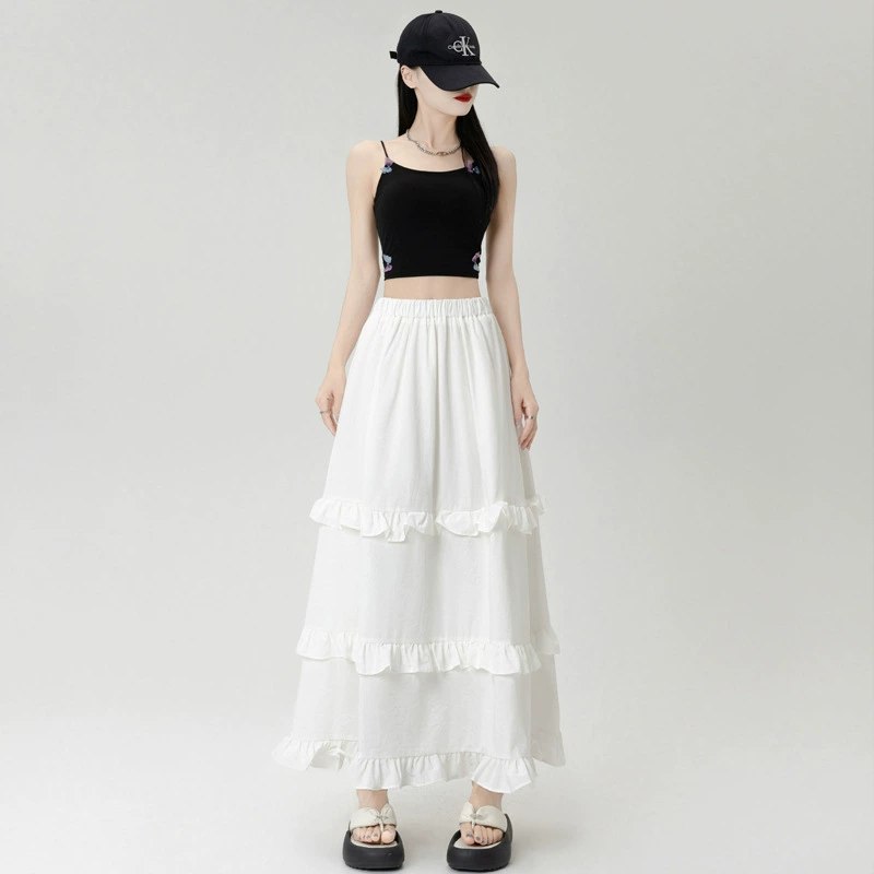 Однотонная кружевная юбка с большим подолом, юбка средней длины для девочек, свежая белая юбка, новая юбка с высокой талией, юбка феи