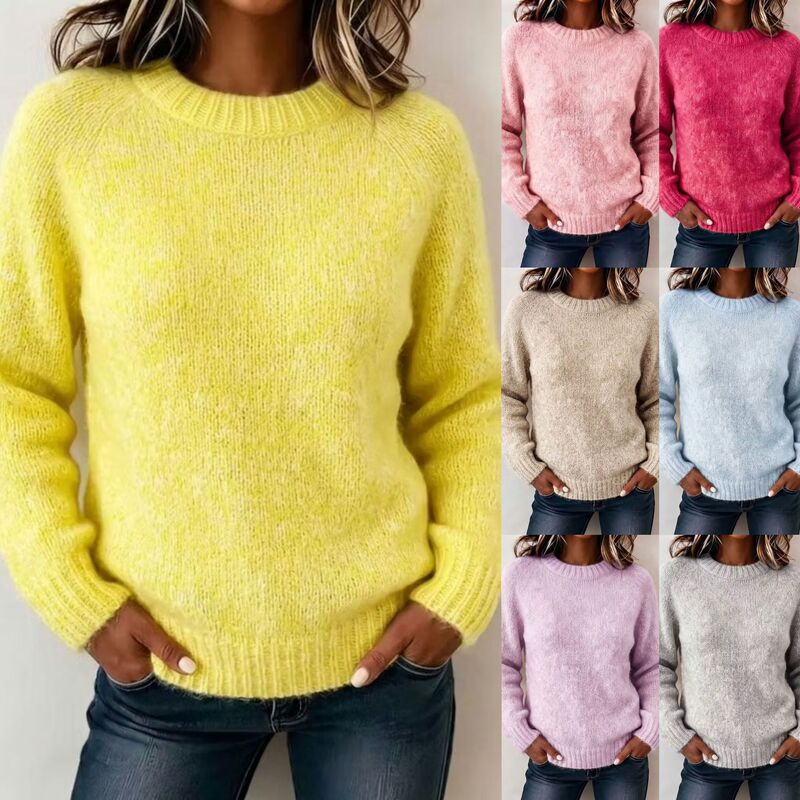 2026 Autumn/Winter New European and American Cross-Border Loose Round Neck Solid Color Pullover Sweater Women's Knitwear Casual Women's Clothing