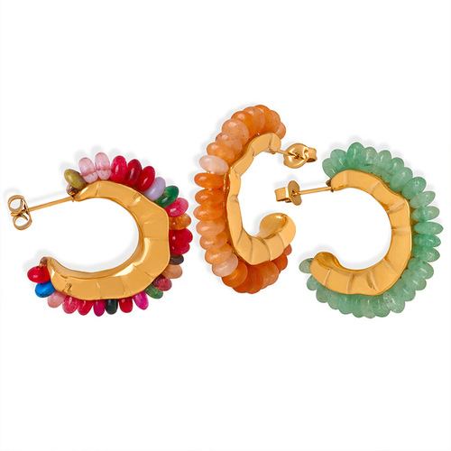 New Retro C-shaped Multicolored Natural Agate Green Ghost Stone Vintage Style Casual Titanium Steel Women's Earrings
