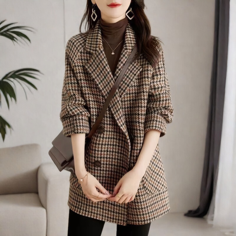Women's houndstooth woolen coat with suit collar, 2026 autumn and winter new fashion, high-end Korean style, loose fit