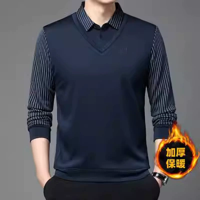 Мужской теплый свитер из искусственных двух частей на флисовой подкладке, утолщенный пуловер среднего возраста, рубашка с лацканами, папа, топ оптом