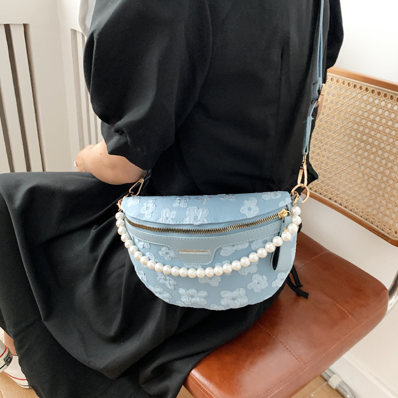 New chest bag, cross-body bag, 2023 new mobile phone waist bag, women's bag, fashionable small flower pearl hand-held crossbody bag for women