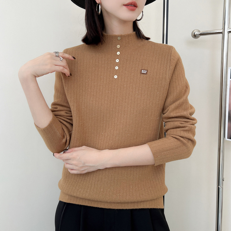 Autumn and Winter Solid Color Elegant Shiny Silk Thickened Integrated Fleece Half-Turtleneck Sweater for Women, Warm Versatile Knitwear