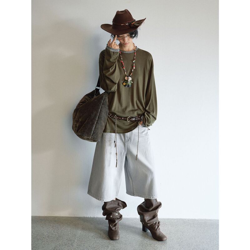 [Time-Sensitive] New Tencel Linen Close-Fitting Comfortable Color-Blocked Round Neck Long-Sleeve Loose Knit Top for Women V9070