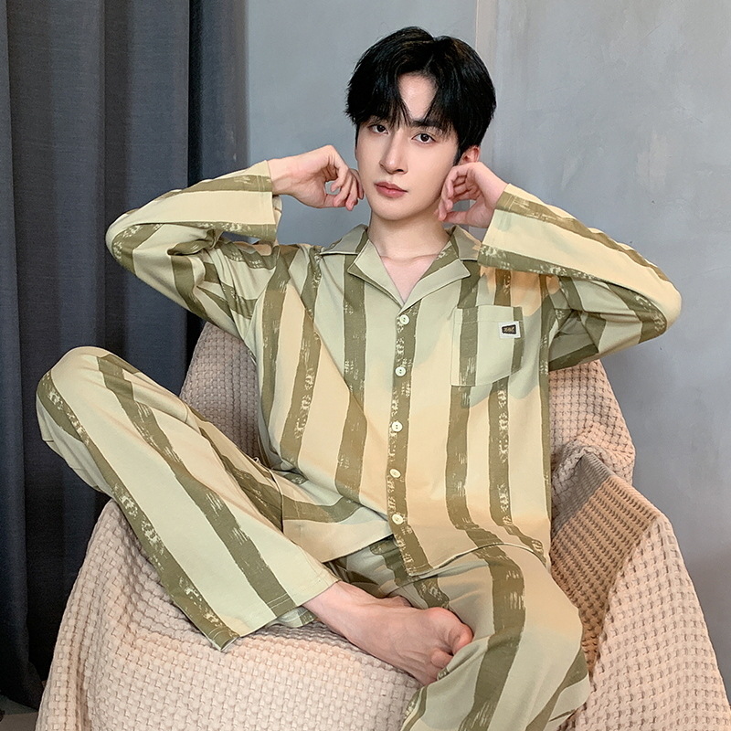 Pijama de primavera y otoño para hombres, camiseta de mangas largas, pantalones largos de tamaño grande que se pueden usar con ropa casera juvenil.