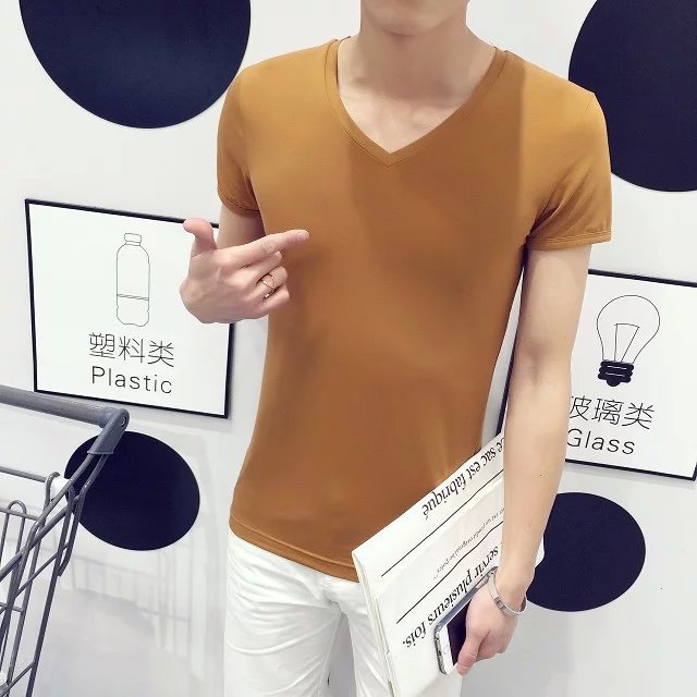 V넥 반소매 브라운