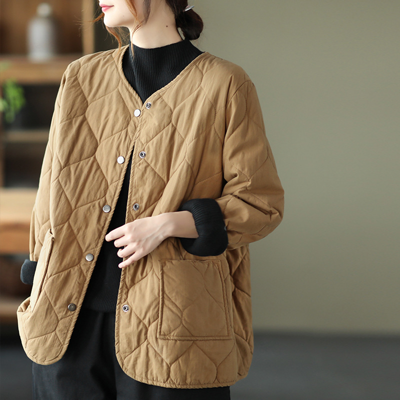 2024 Autumn and Winter Literary Retro Quilted Windbreaker Jacket Women's Single-Breasted Thin Cotton Coat Women's Warm Outerwear Cotton Jacket