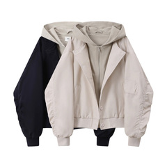 秋冬连帽假两件棒球服复古大码风衣外套休闲宽松上衣ins