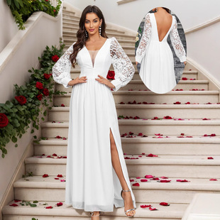 Cross-Border Women's Clothing Export 2025 New Long-Sleeved V Neck Lace Chiffon Backless Wedding Bridesmaid Dress Banquet